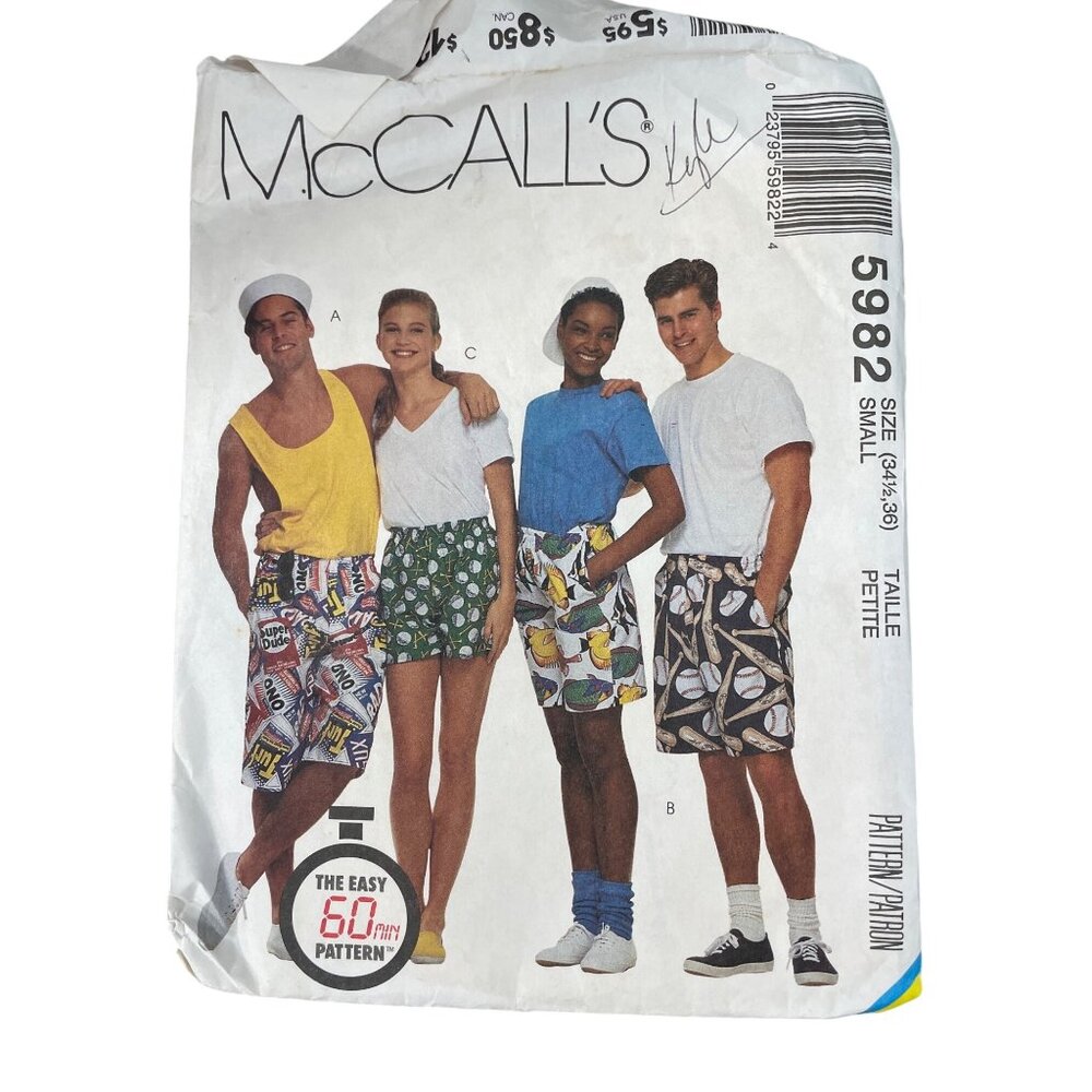 90s McCalls 5982 Sewing Pattern Size Small Misses Men Teen Boys Boxer Shorts CUT